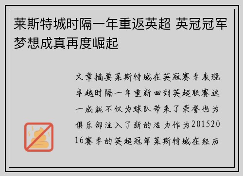 莱斯特城时隔一年重返英超 英冠冠军梦想成真再度崛起 莱斯特城时隔一年重返英超 英冠冠军梦想成真再度崛起