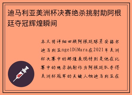 迪马利亚美洲杯决赛绝杀挑射助阿根廷夺冠辉煌瞬间 迪马利亚美洲杯决赛绝杀挑射助阿根廷夺冠辉煌瞬间